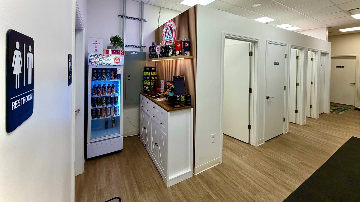 Refreshment station and doors to the school's rooms