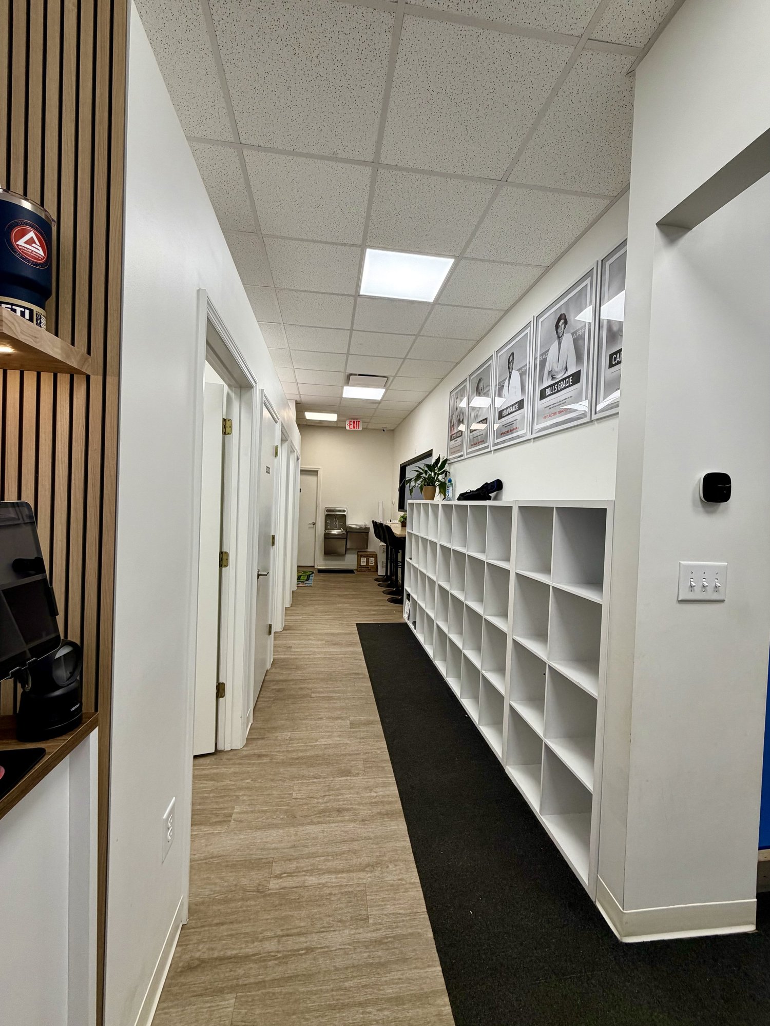 Organized storage cubbies, changing rooms and the water bottle filling station