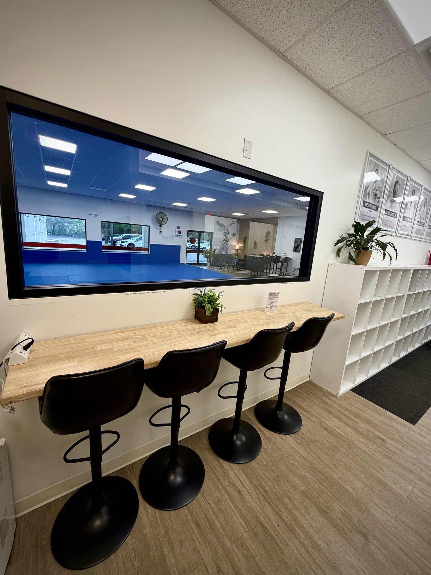 Counter seating and a viewing window overlooking the training mats