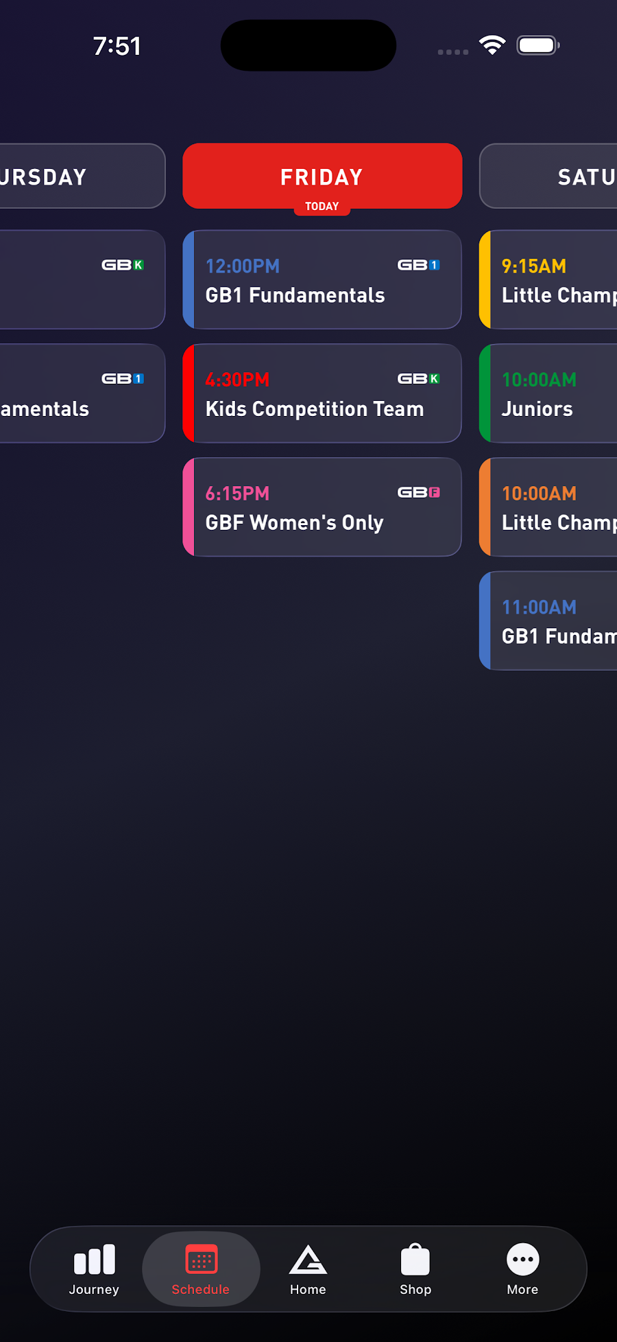 Weekly class schedule in the GB West Ashley app